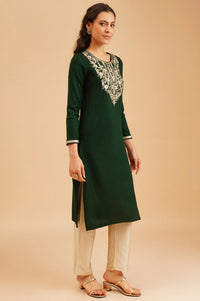 Green Embroidered Acrylic Straight Winter Kurta