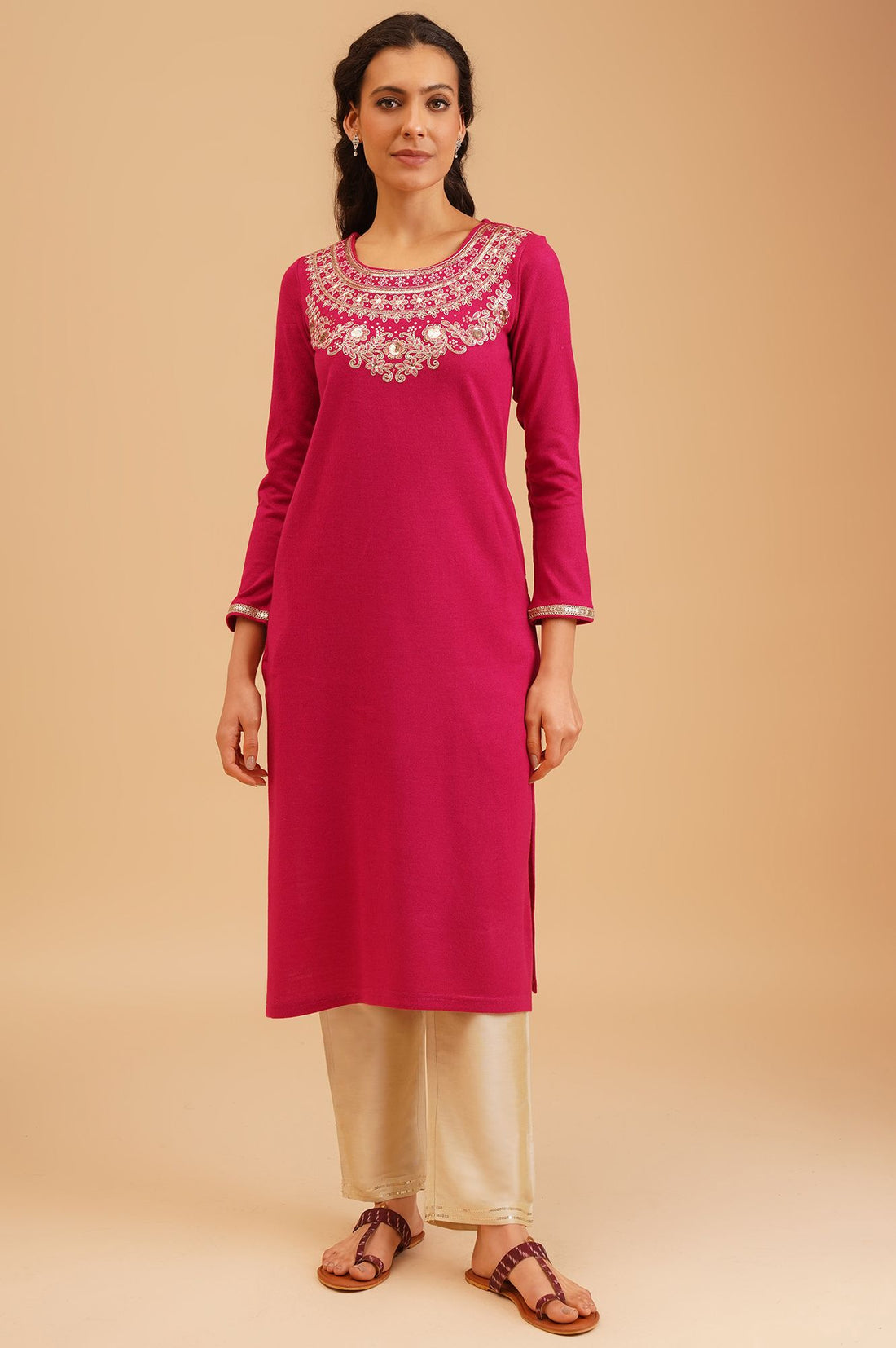 Pink Zari Embroidered Acrylic Straight Winter Kurta