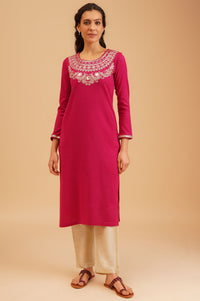 Pink Zari Embroidered Acrylic Straight Winter Kurta