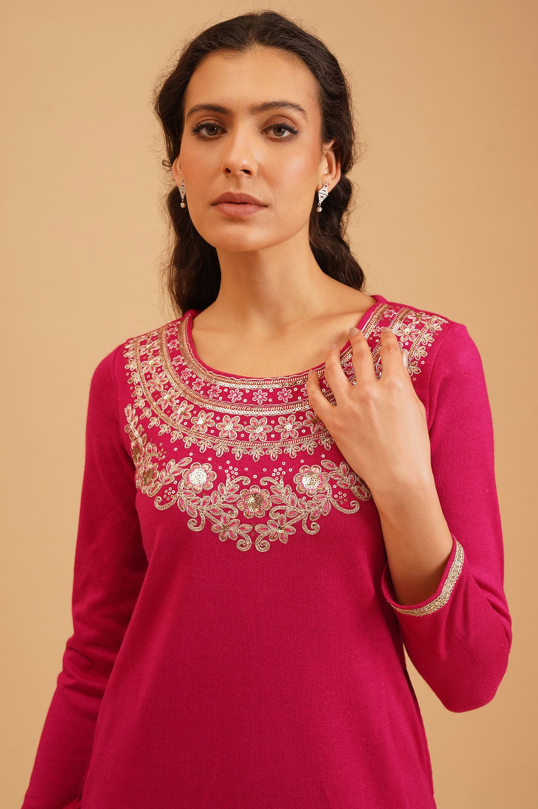 Pink Zari Embroidered Acrylic Straight Winter Kurta