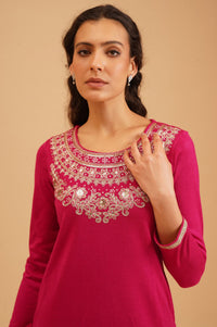 Pink Zari Embroidered Acrylic Straight Winter Kurta