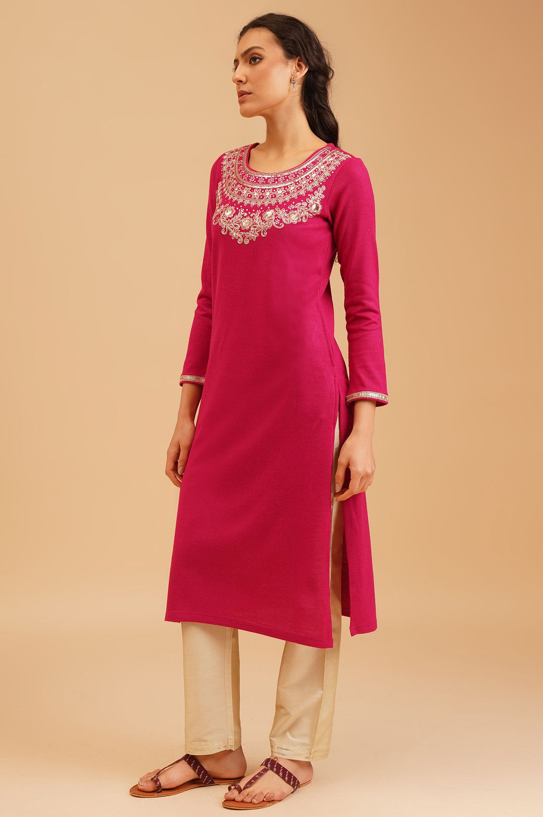 Pink Zari Embroidered Acrylic Straight Winter Kurta
