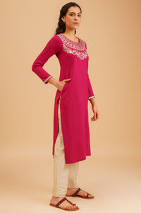 Pink Zari Embroidered Acrylic Straight Winter Kurta