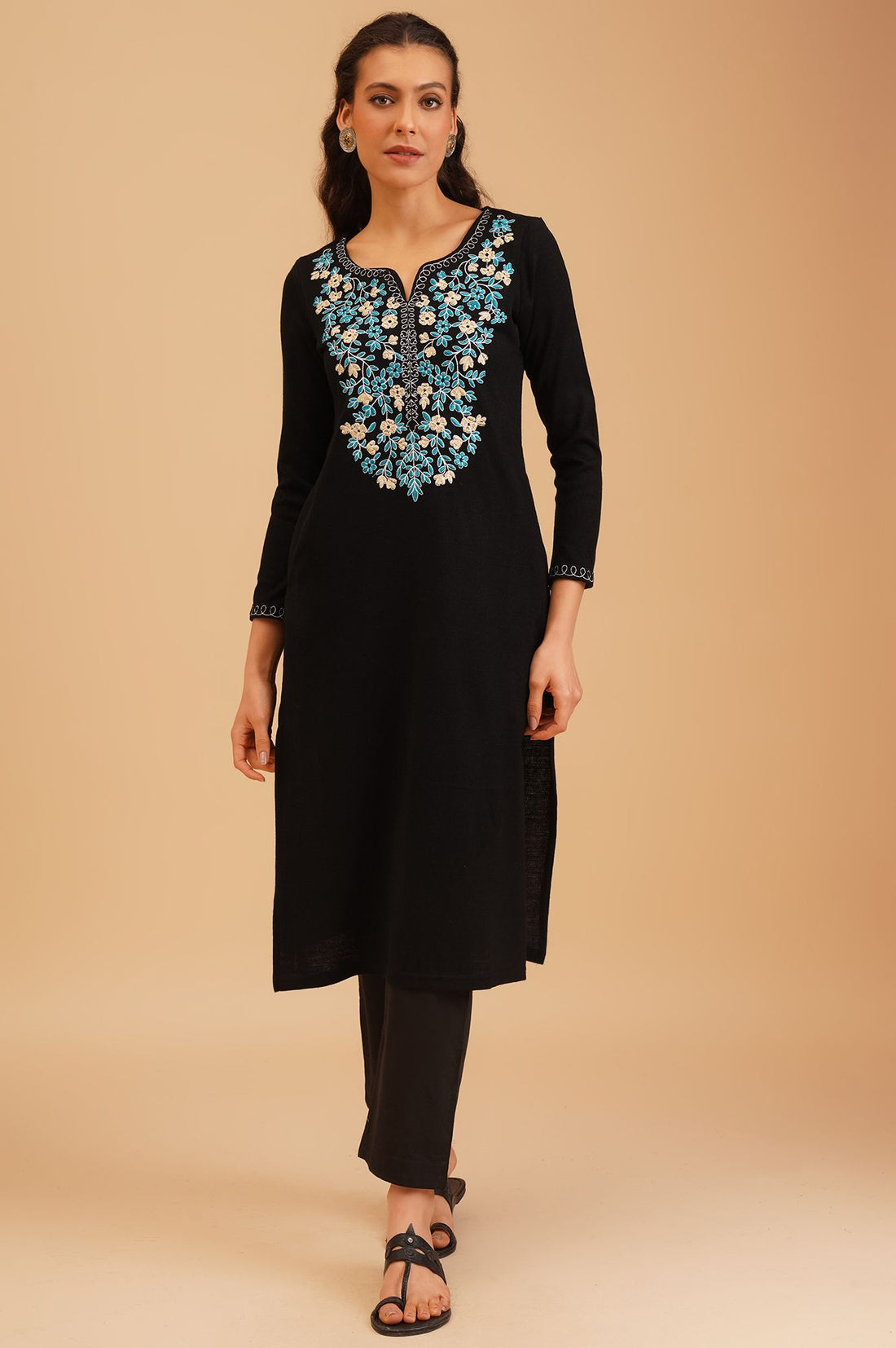 Black Embroidered Acrylic Straight Winter Kurta