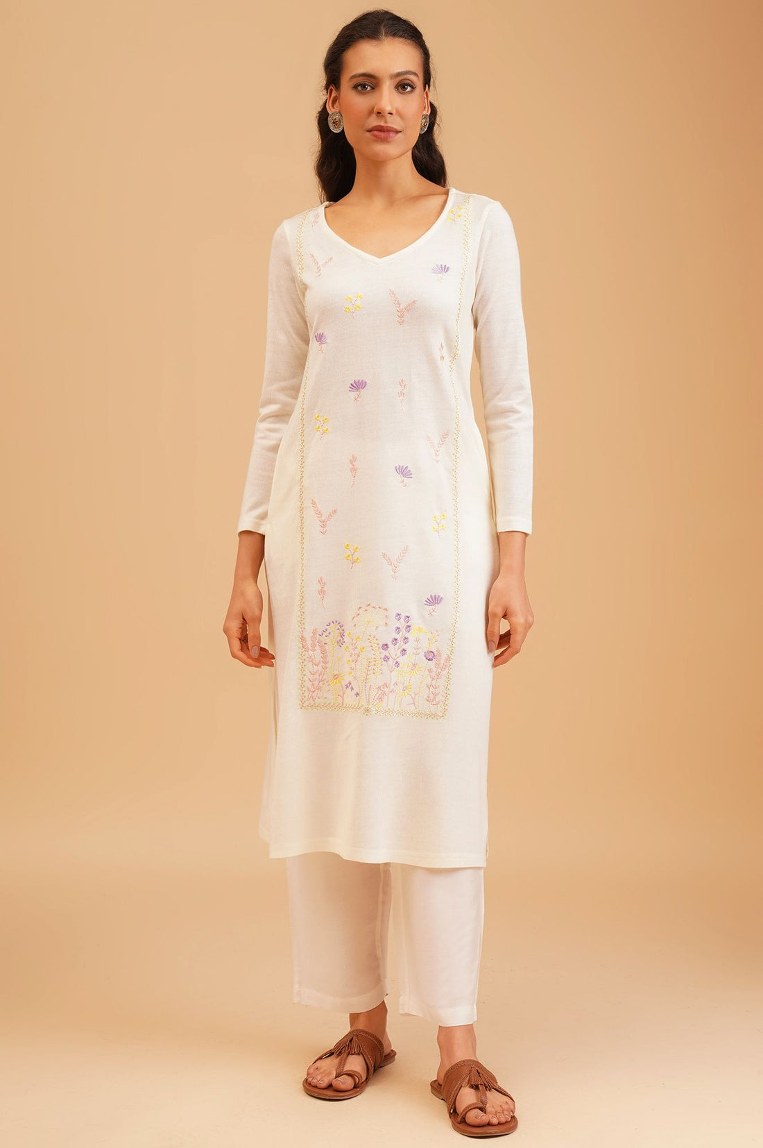 Off White Embroidered Acrylic Straight Winter Kurta
