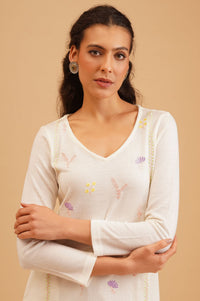 Off White Embroidered Acrylic Straight Winter Kurta