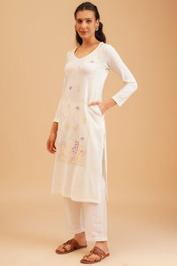 Off White Embroidered Acrylic Straight Winter Kurta