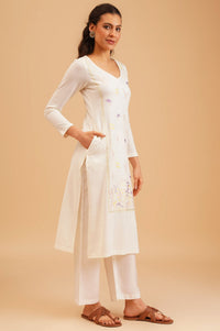 Off White Embroidered Acrylic Straight Winter Kurta