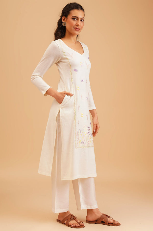 Off White Embroidered Acrylic Straight Winter Kurta