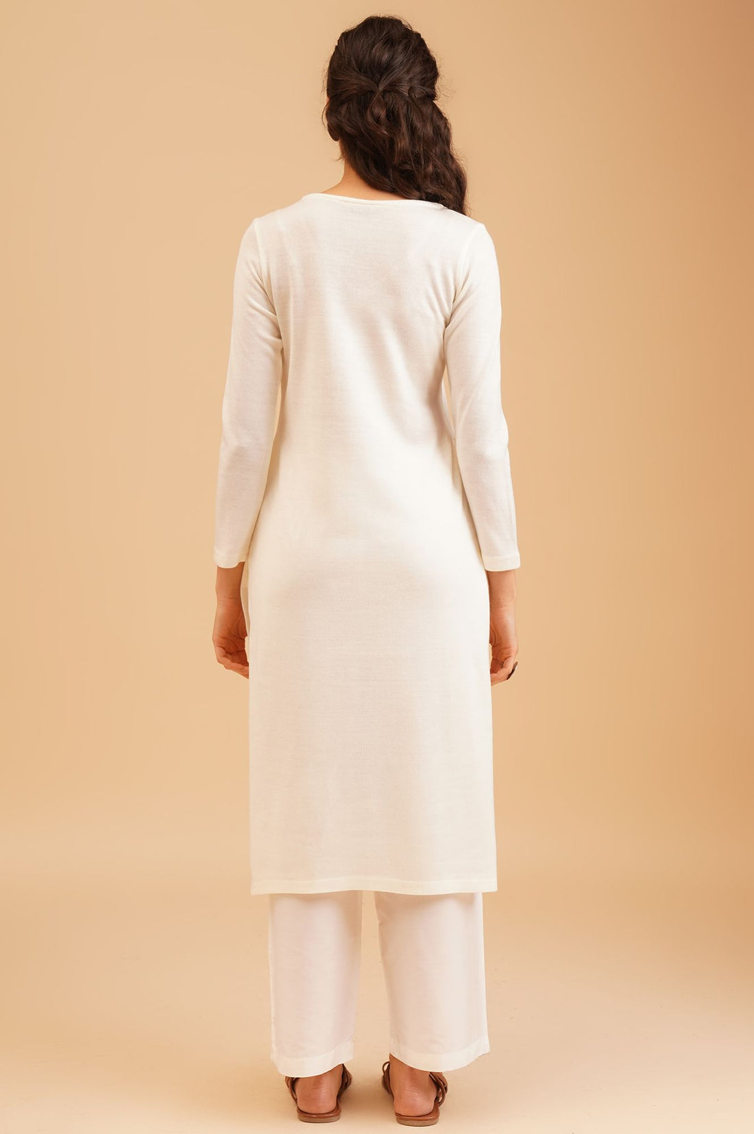 Off White Embroidered Acrylic Straight Winter Kurta