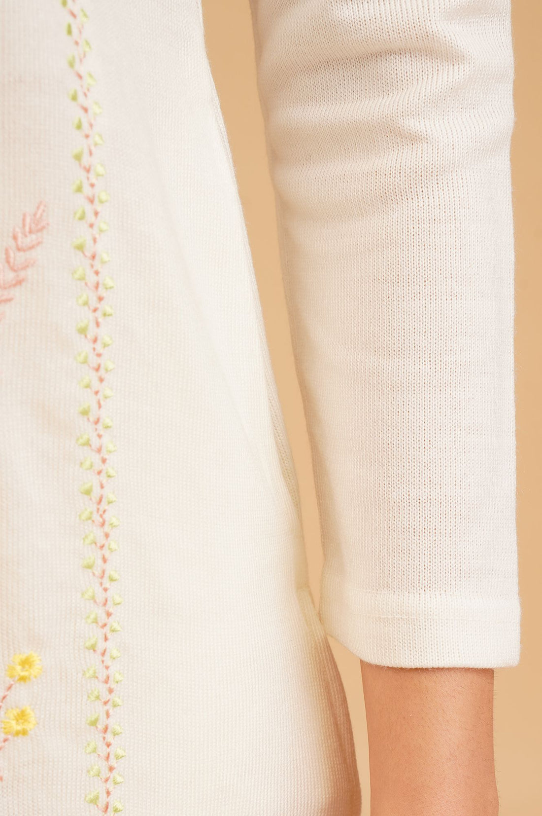 Off White Embroidered Acrylic Straight Winter Kurta