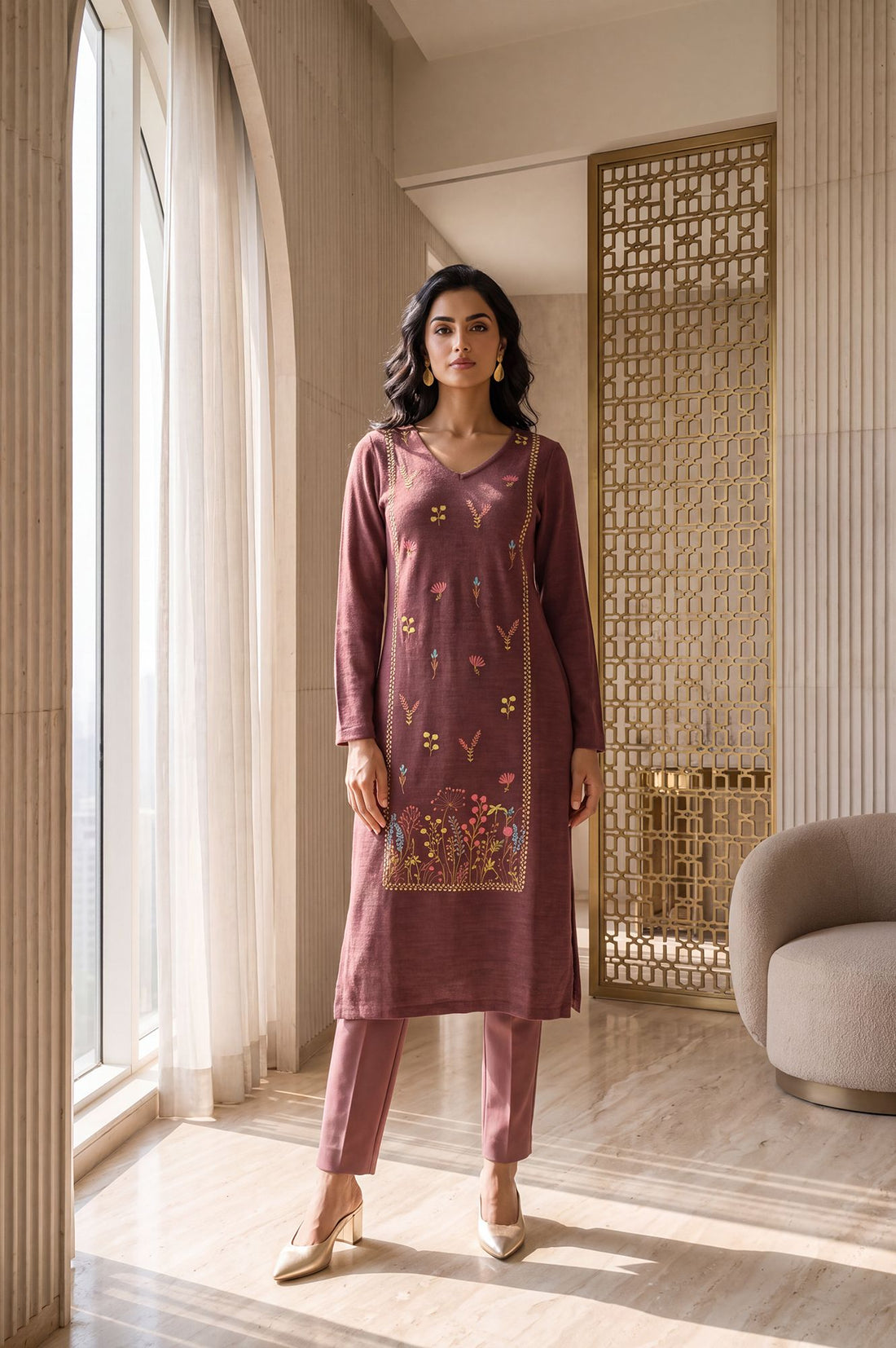 Burgundy Embroidered Straight Calf Length Kurta in 100% Acrylic with V Neck &amp; Full Sleeves
