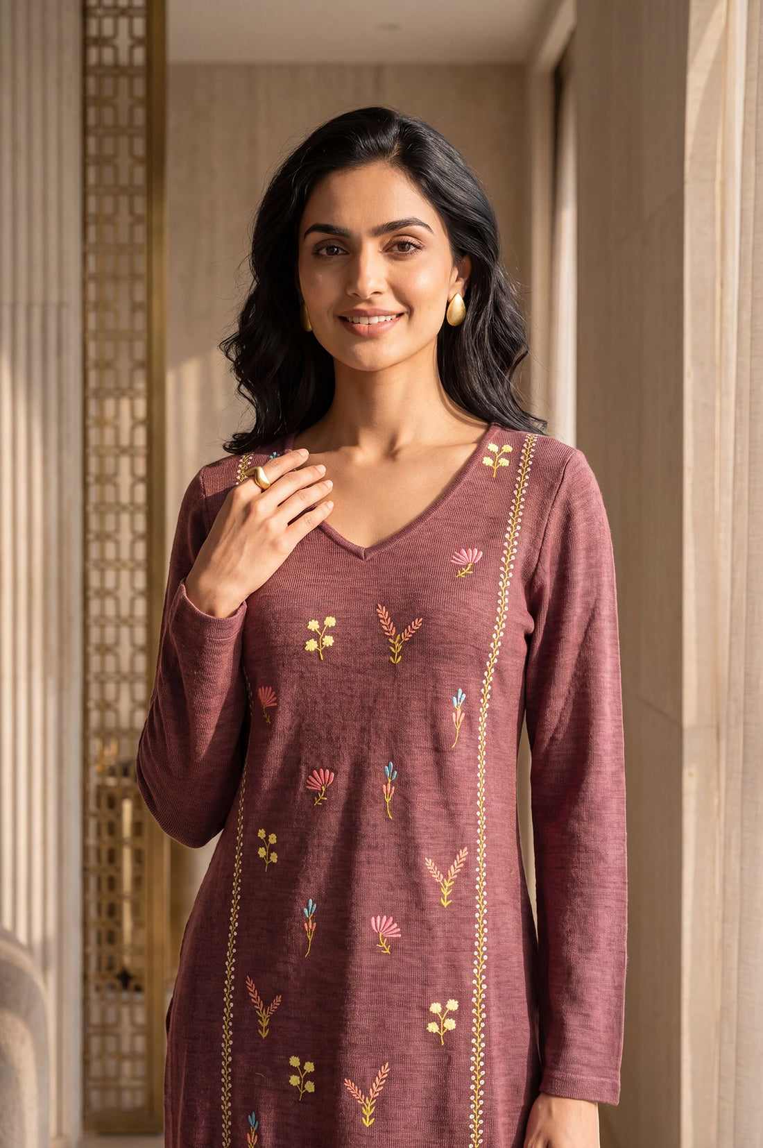 Burgundy Embroidered Straight Calf Length Kurta in 100% Acrylic with V Neck &amp; Full Sleeves