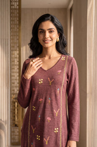 Burgundy Embroidered Straight Calf Length Kurta in 100% Acrylic with V Neck &amp; Full Sleeves