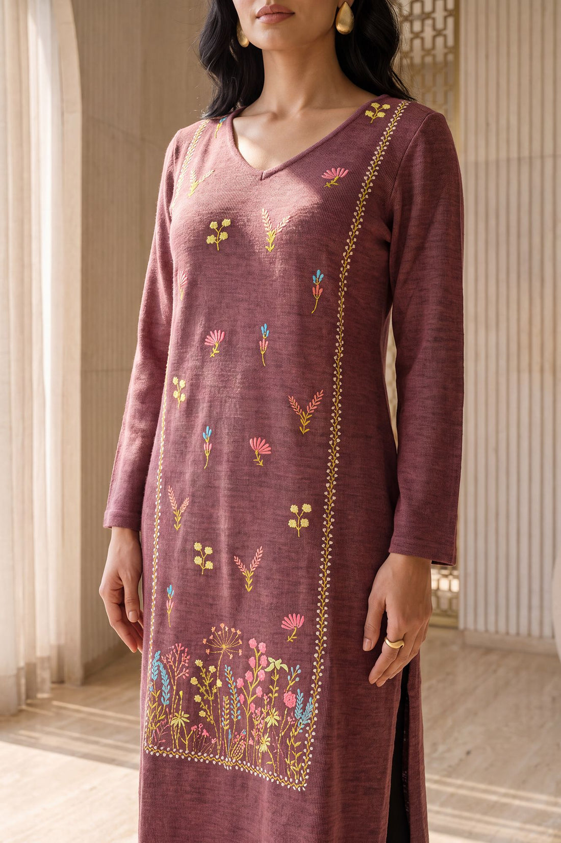 Burgundy Embroidered Straight Calf Length Kurta in 100% Acrylic with V Neck &amp; Full Sleeves