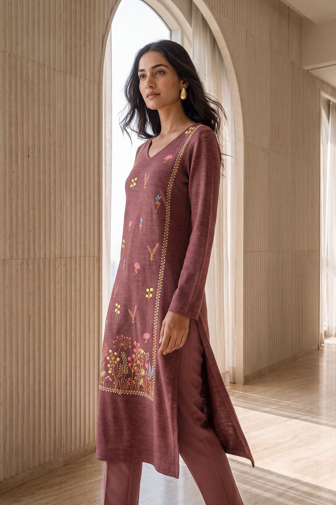 Burgundy Embroidered Straight Calf Length Kurta in 100% Acrylic with V Neck &amp; Full Sleeves