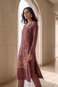 Burgundy Embroidered Straight Calf Length Kurta in 100% Acrylic with V Neck &amp; Full Sleeves
