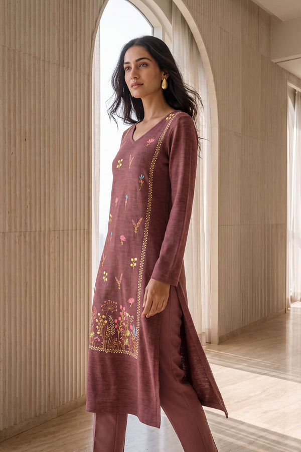 Burgundy Embroidered Straight Calf Length Kurta in 100% Acrylic with V Neck & Full Sleeves