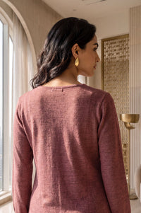 Burgundy Embroidered Straight Calf Length Kurta in 100% Acrylic with V Neck &amp; Full Sleeves