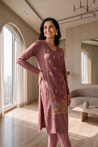 Burgundy Embroidered Straight Calf Length Kurta in 100% Acrylic with V Neck &amp; Full Sleeves