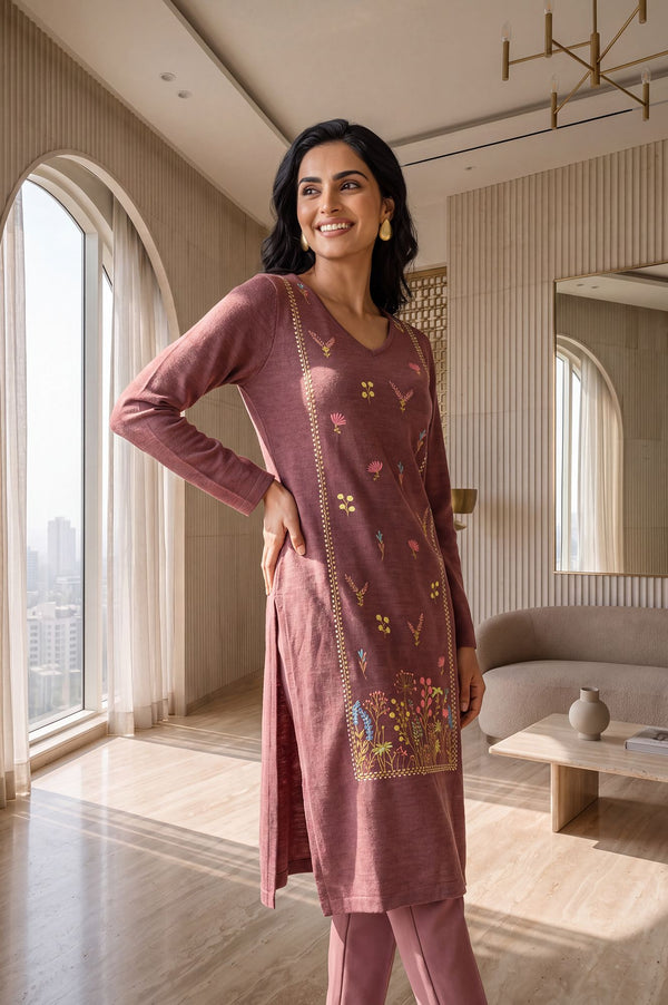 Burgundy Embroidered Straight Calf Length Kurta in 100% Acrylic with V Neck & Full Sleeves