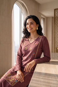 Burgundy Embroidered Straight Calf Length Kurta in 100% Acrylic with V Neck &amp; Full Sleeves