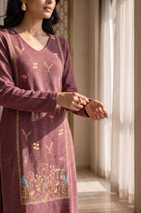 Burgundy Embroidered Straight Calf Length Kurta in 100% Acrylic with V Neck &amp; Full Sleeves