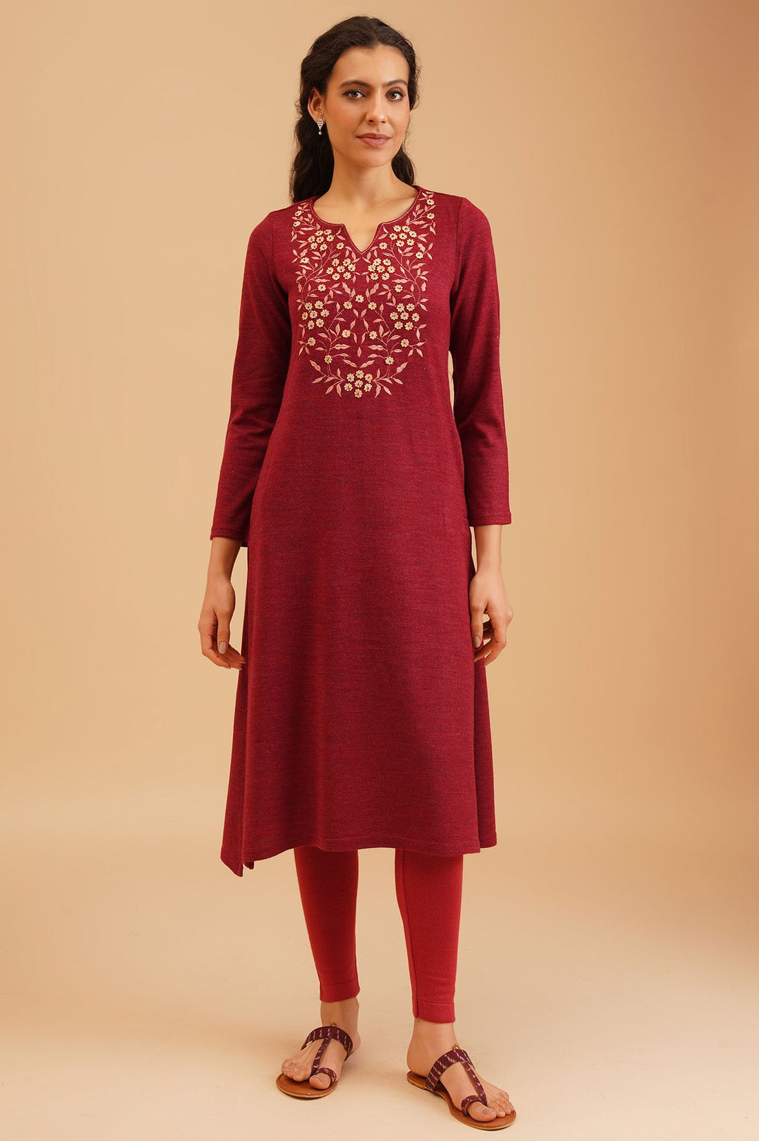 Maroon Embroidered Acrylic A-line Winter Kurta