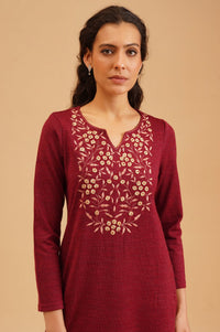 Maroon Embroidered Acrylic A-line Winter Kurta