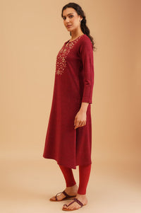 Maroon Embroidered Acrylic A-line Winter Kurta