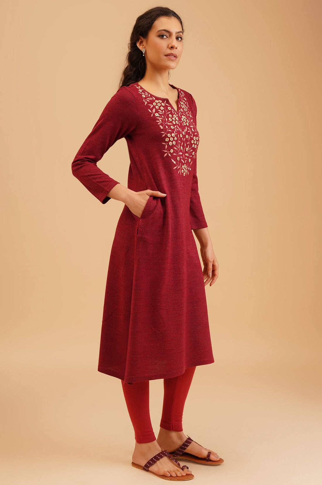Maroon Embroidered Acrylic A-line Winter Kurta