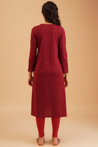 Maroon Embroidered Acrylic A-line Winter Kurta