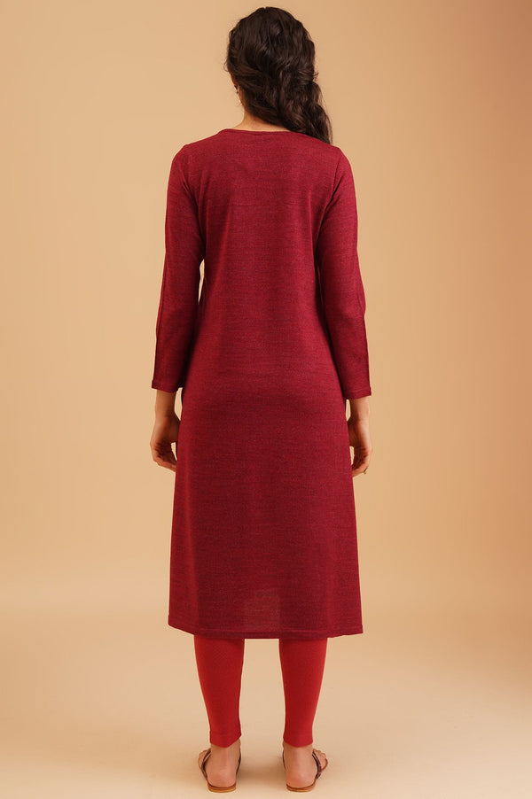 Maroon Embroidered Acrylic A-line Winter Kurta