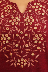 Maroon Embroidered Acrylic A-line Winter Kurta
