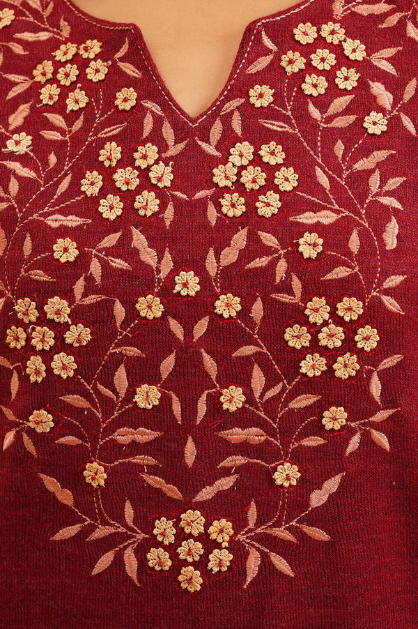 Maroon Embroidered Acrylic A-line Winter Kurta