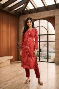 Red Abstract Yarn Dyed Jacquard Straight Winter Kurta