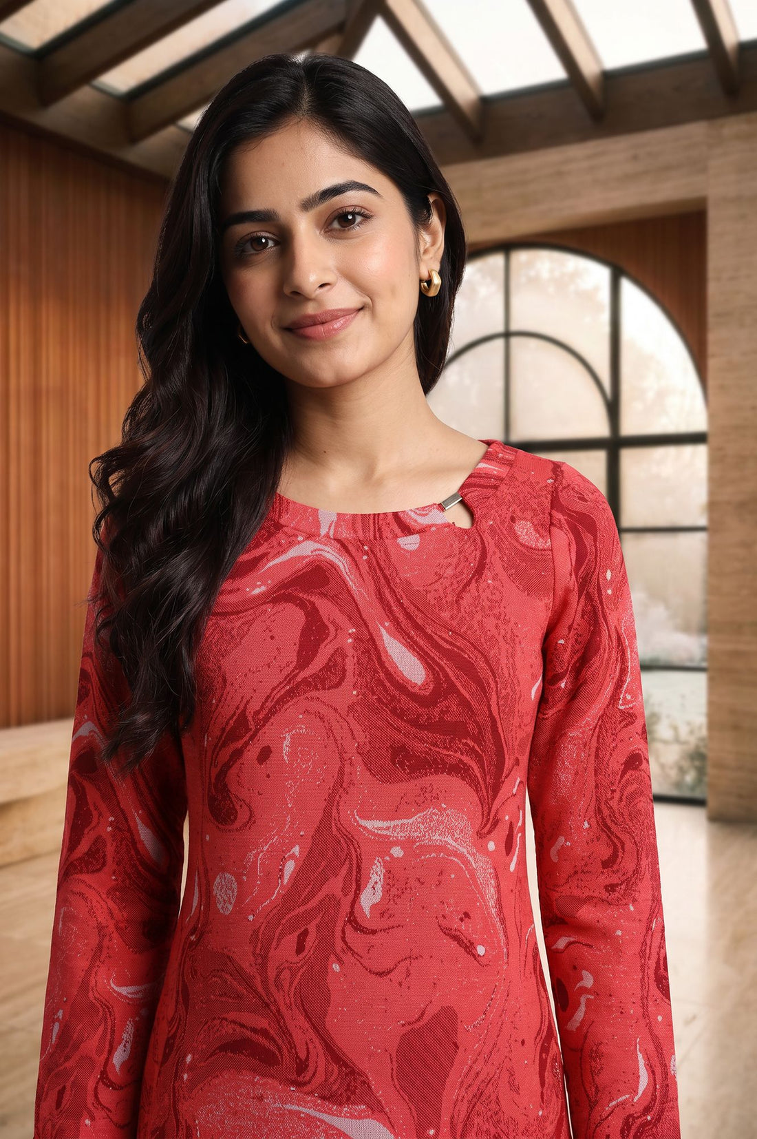 Red Abstract Yarn Dyed Jacquard Straight Winter Kurta