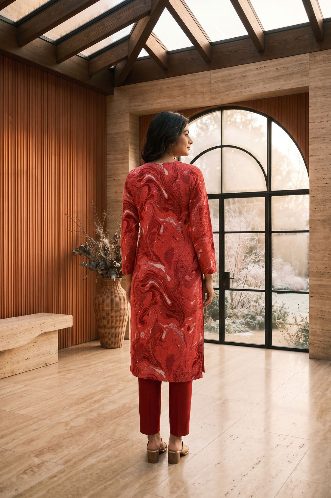 Red Abstract Yarn Dyed Jacquard Straight Winter Kurta