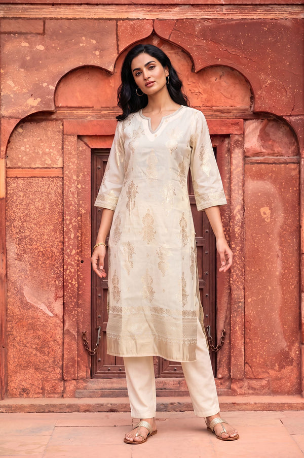 Off White Foil Printed Straight Kurta
