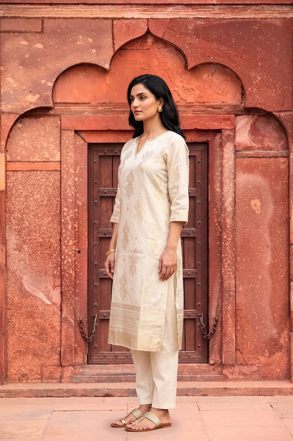 Off White Foil Printed Straight Kurta