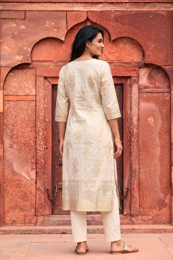 Off White Foil Printed Straight Kurta