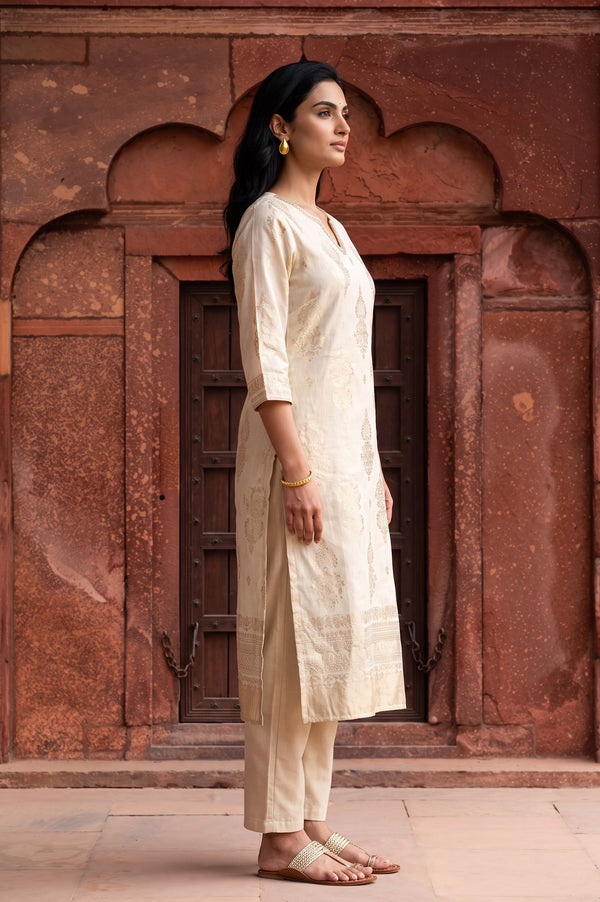 Off White Foil Printed Straight Kurta