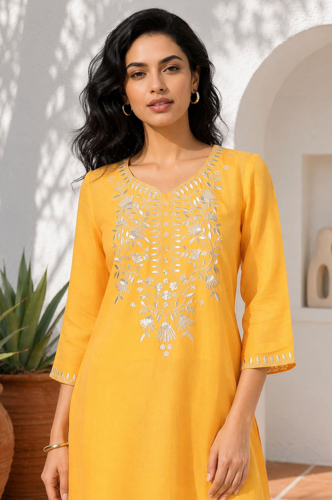 Yellow Zari Embroidered Yarn Dyed Straight Kurta