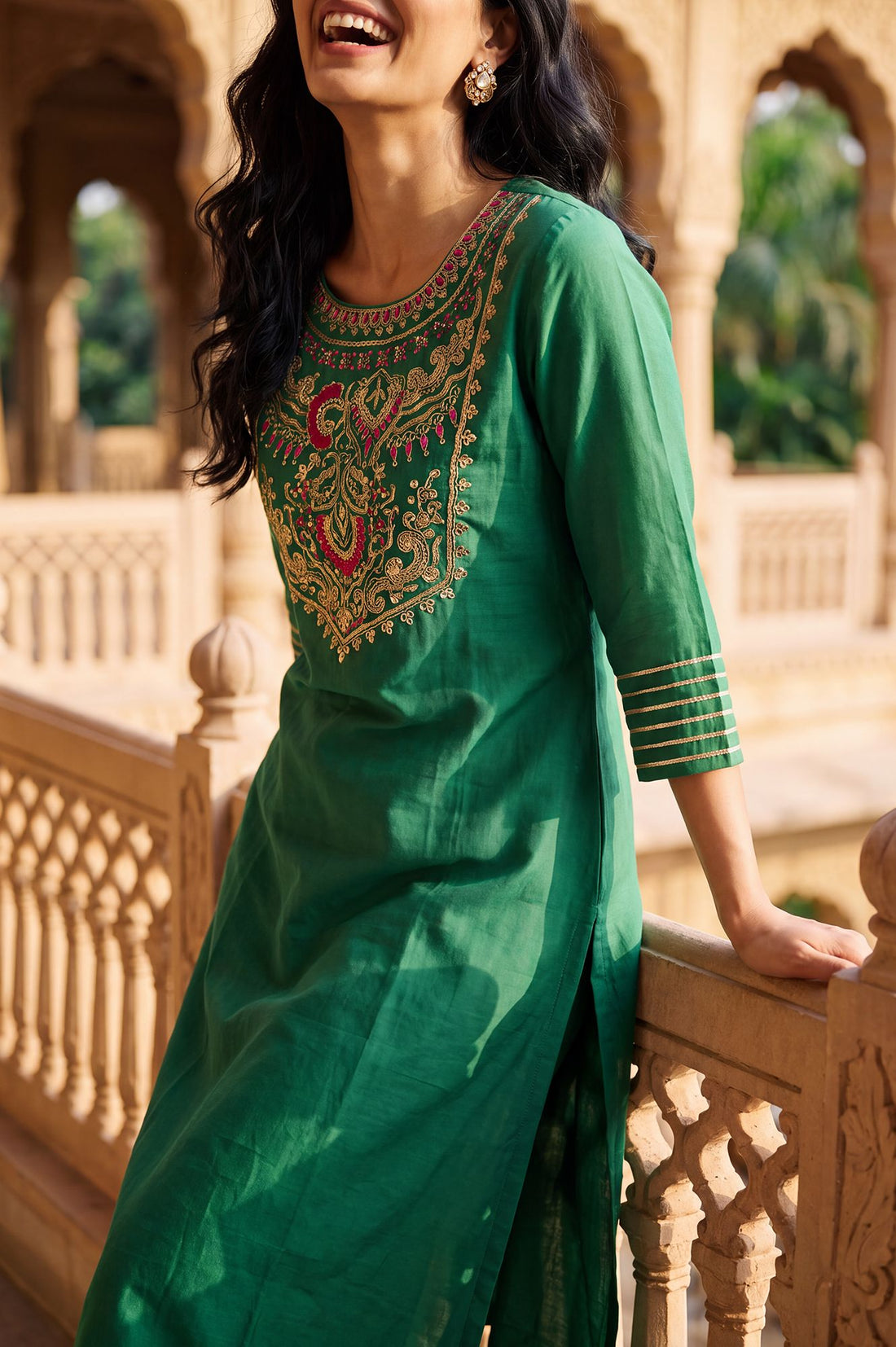 Green Yarn Dyed Embroidered Straight Kurta