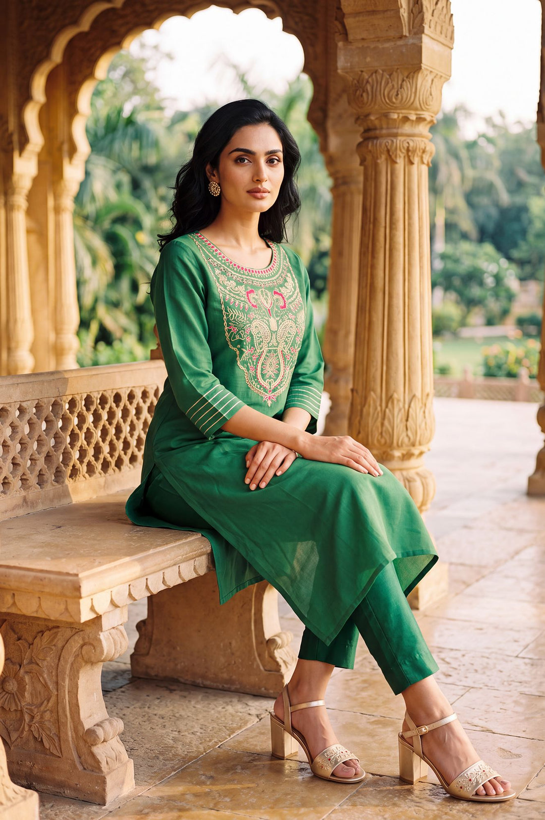 Green Yarn Dyed Embroidered Straight Kurta