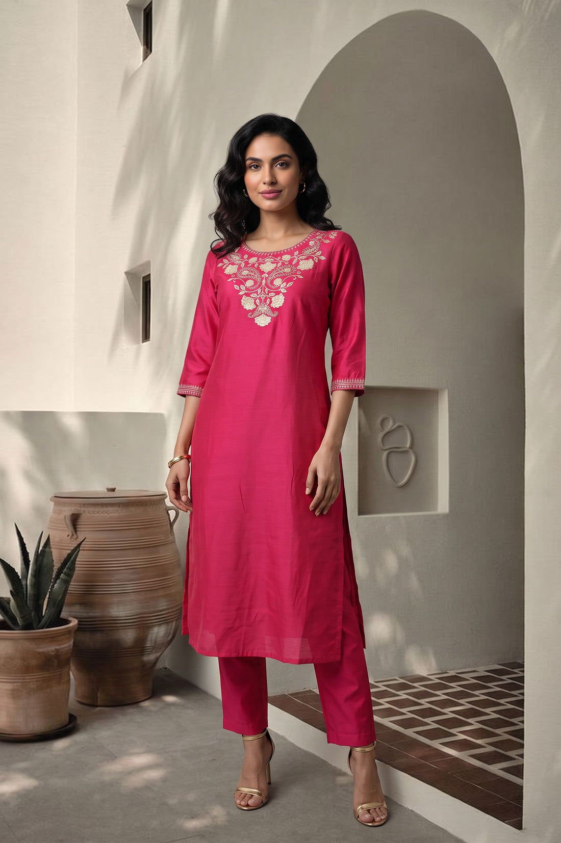 Pink Yarn Dyed Zari Embroidered Straight Kurta