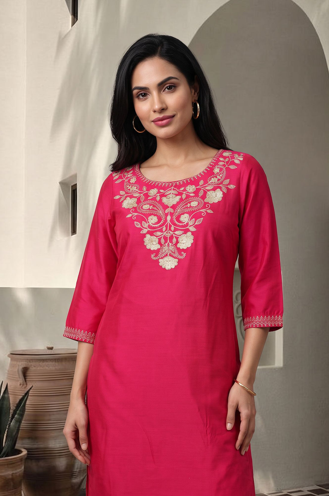 Pink Yarn Dyed Zari Embroidered Straight Kurta