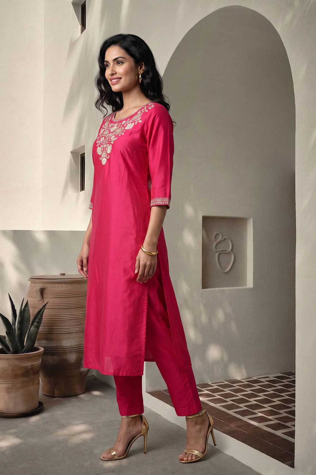 Pink Yarn Dyed Zari Embroidered Straight Kurta
