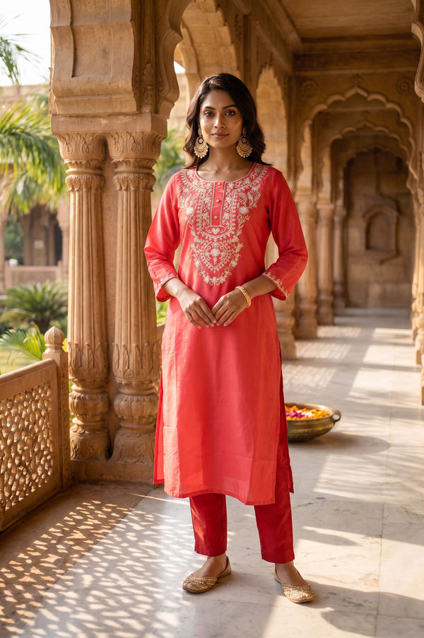 Coral Embroidered Straight Kurta