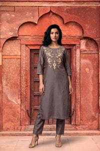 Grey Yarn Dyed Embroidered Straight Kurta